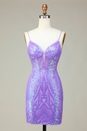 Snygg Bodycon Spaghettiband Lila Paljetter Korsett Homecoming Klänning med Criss Cross Tillbaka